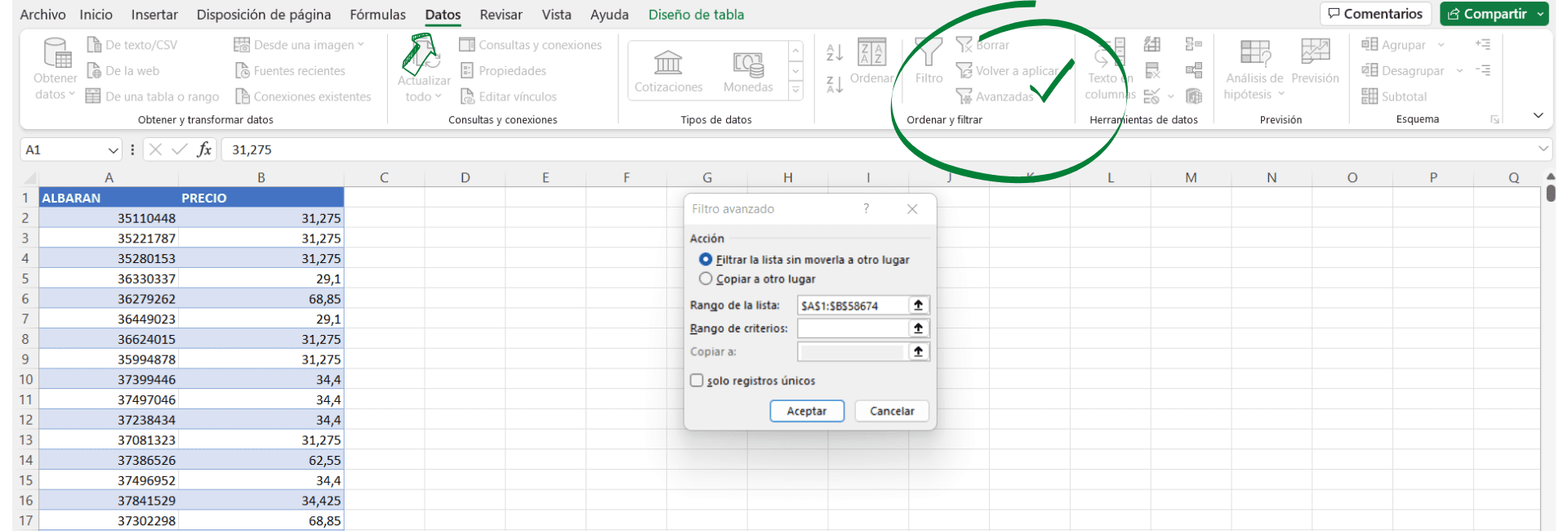 Filtros avanzados en Excel - Selección de rango